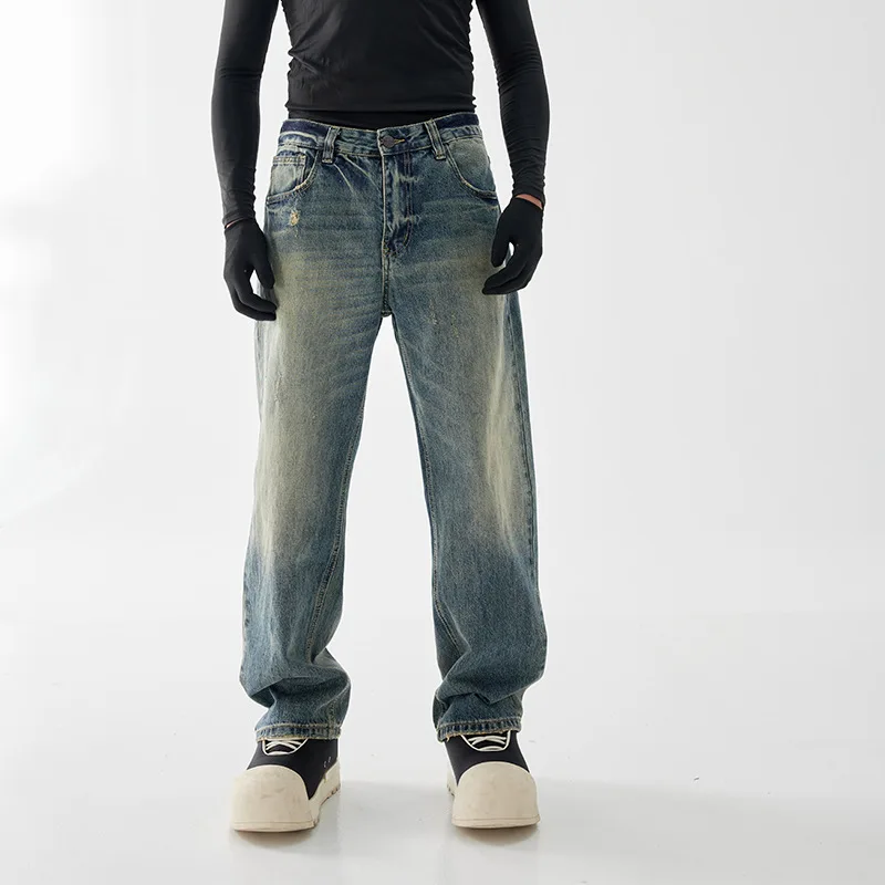 

Autumn Winter New Casual Non-Stretch Ash Blue Wide-Leg Straight Washed Men'S Basic Simple Versatile Long Pants
