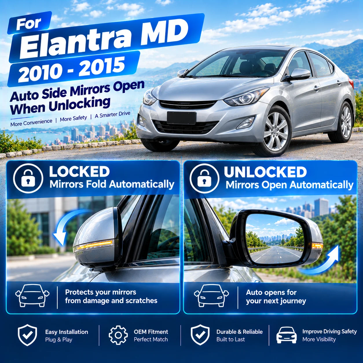 Automatic side mirror folding module for Hyundai Elantra MD (2010–2015): folds upon locking, unfolds upon unlocking.