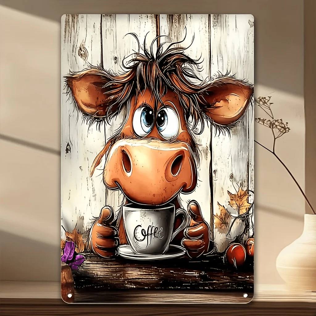 Vintage Cow Metal Wall Art Sign - Rustic Farmhouse Coffee Cup & Highland Cow Decor,  Scottish Cow Plaque for Home, Cafe