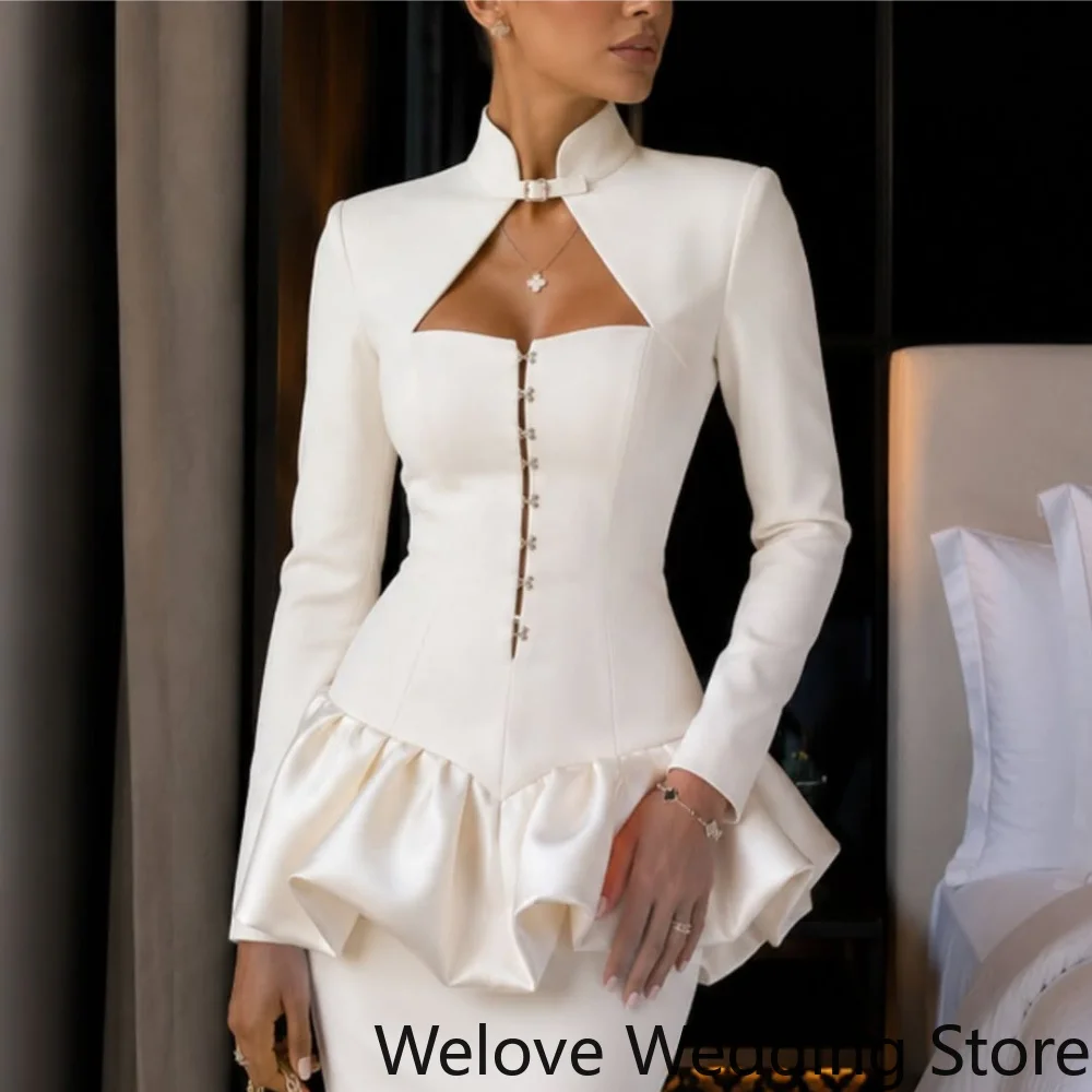 Modern Elegant Satin Midi Evening Dress Featuring Modified Mandarin Stand Collar, Front Triangle Keyhole Cutout