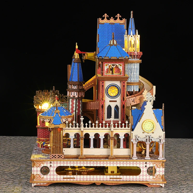 DIY 木製機械回転アンヌシー城ミニチュアモデルキットおとぎ話のヴィラ家具ライト付き友人へのクリスマスギフト