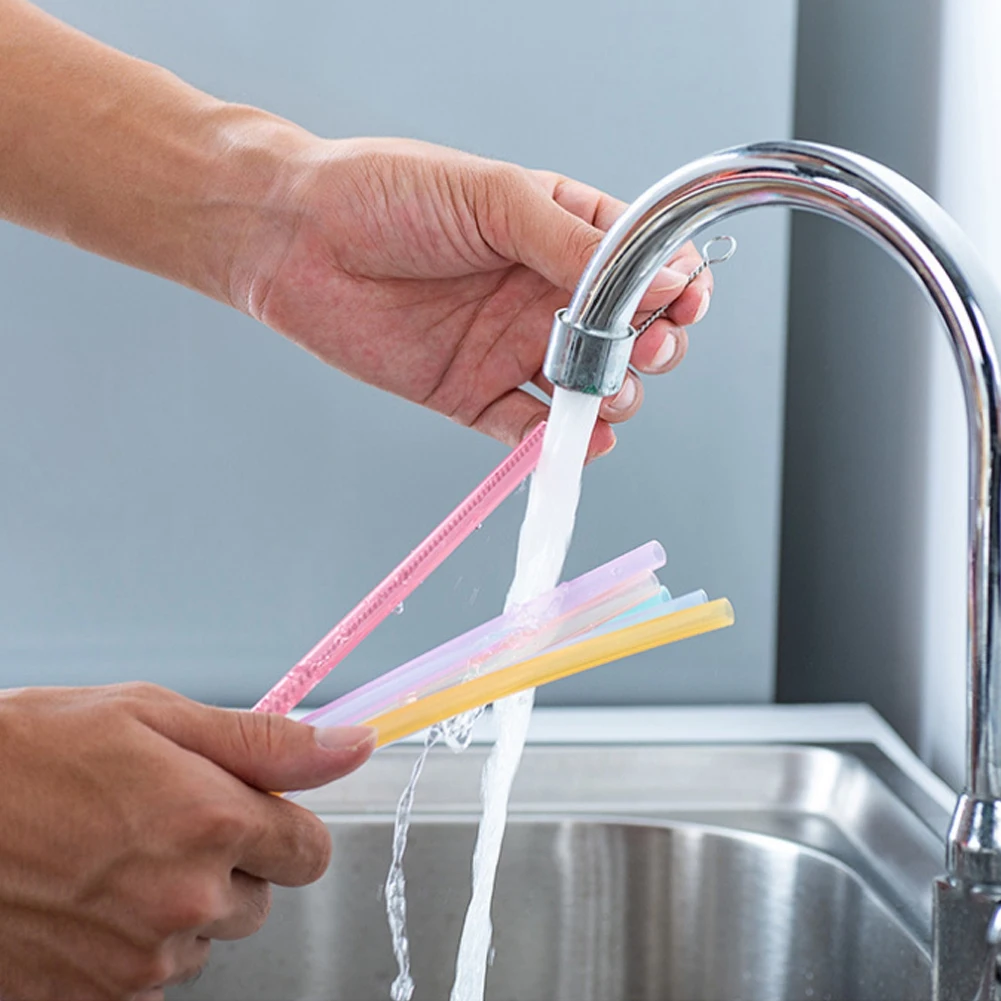6pcs Silicone Drinking Straw Reusable Environmentally Friendly with Cleaning Brush Set Portable for Tumbler Cup