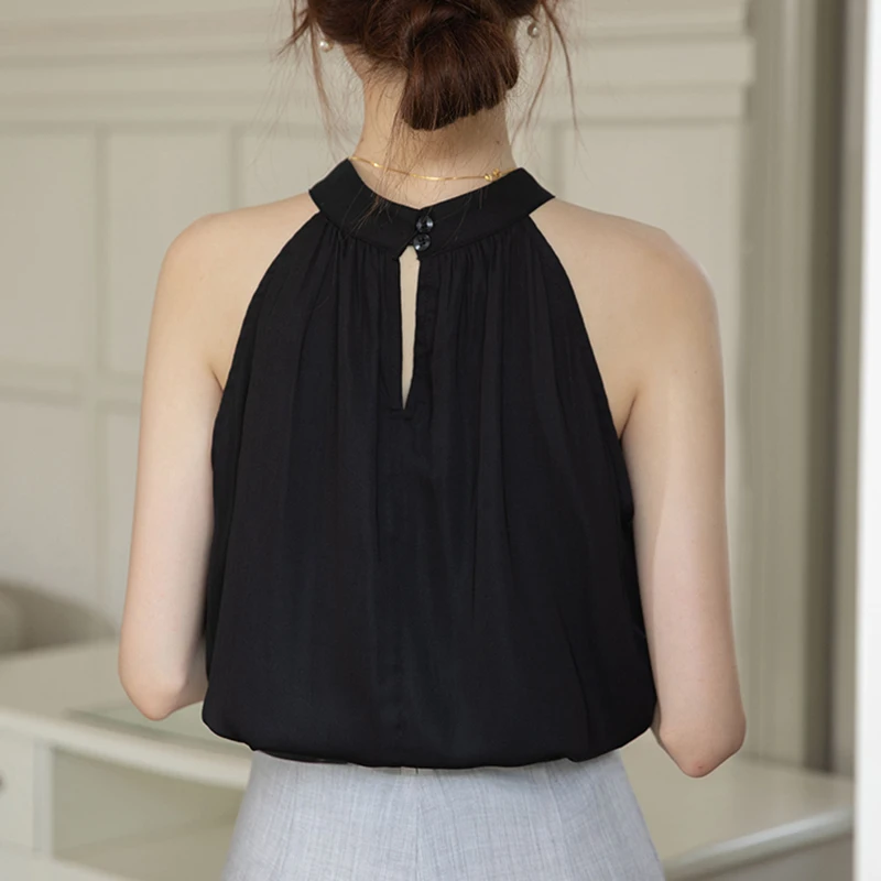 Black Summer Halter Chiffon Blouses For Women 2024 High Street Casual Sexy Sleeveless Tank Shirts Tops