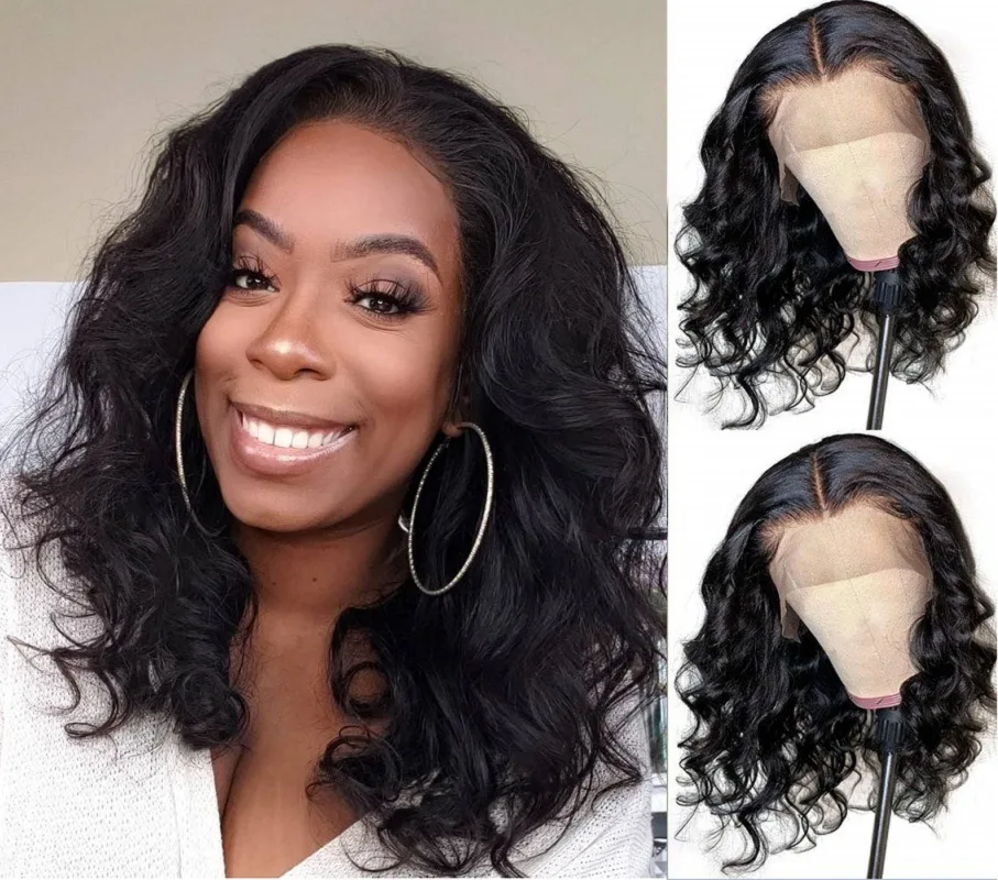 Black Short Body Wave Lace Front Wigs Glueless Natural Wave Synthetic Heat Resistant Fiber Hair Wig With Baby Hair 16 Inch image 2