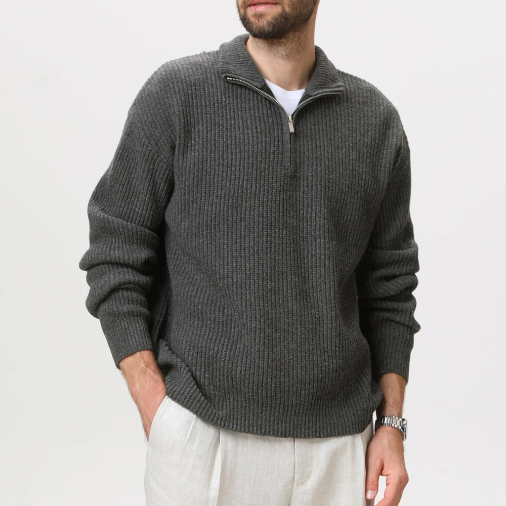 

Half Zip Stand Collar Mens Sweater Ribbed Texture Knit Pullover Solid Color Oversized Lazy Style Winter Casual Sweater Men
