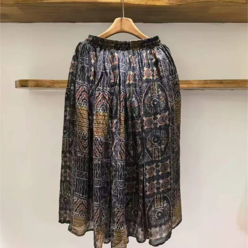 Johnature 2025, lockerer Ethno-Stil, Retro-Distressed-Blau, Patchwork, bedruckt, Ramie, doppellagiges Futter, lässige Damenröcke