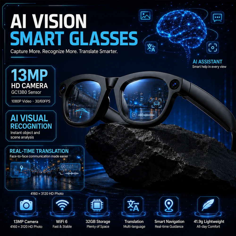 2026 New 13MP AI Smart Glasses 32GB Storage Real-Time Call Translation Meeting Recording Smart Navigation Intelligent Eyewear