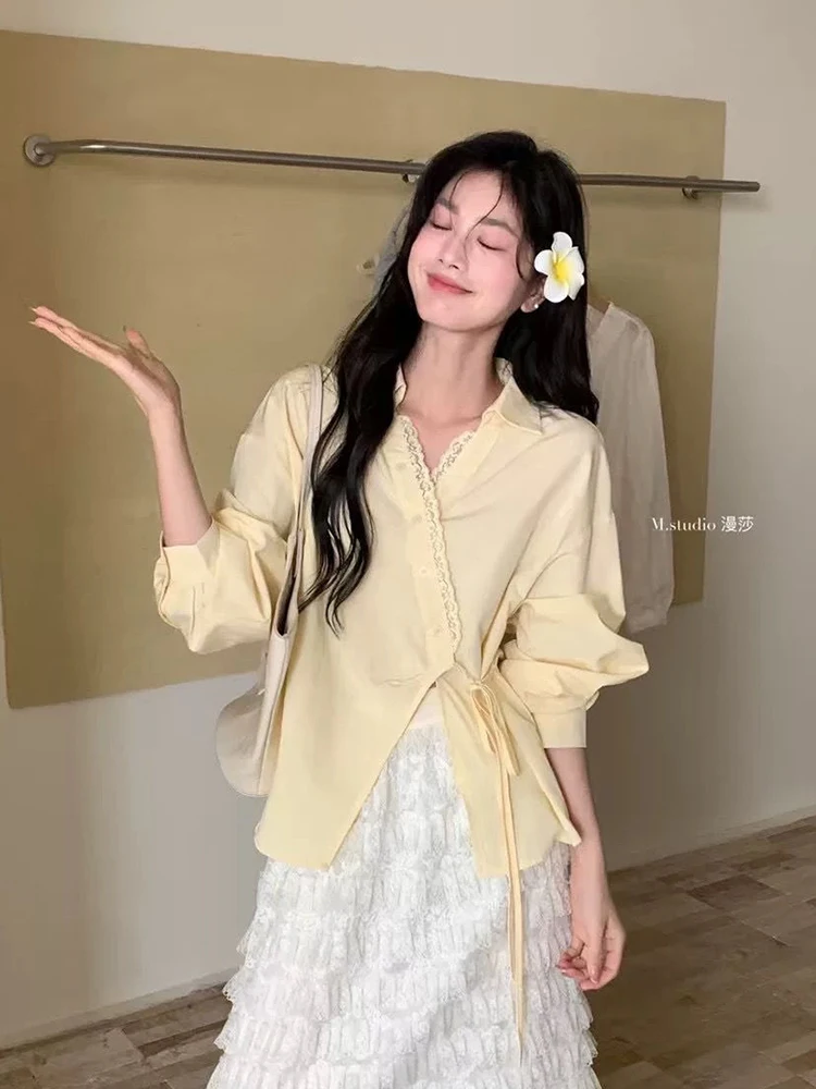 Sweet Retro Women Shirt Lace Patchwork Long Sleeve Elegant Blouse French Design V Neck Irregular Spring Lady Lace Up Tops New