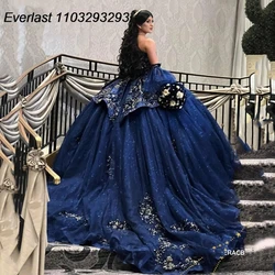 EVLAST Customized Navy Blue Quinceanera Dress Ball Gown Lace Applique Beading Mexican Sweet 16 Vestido De 15 Anos TQD329