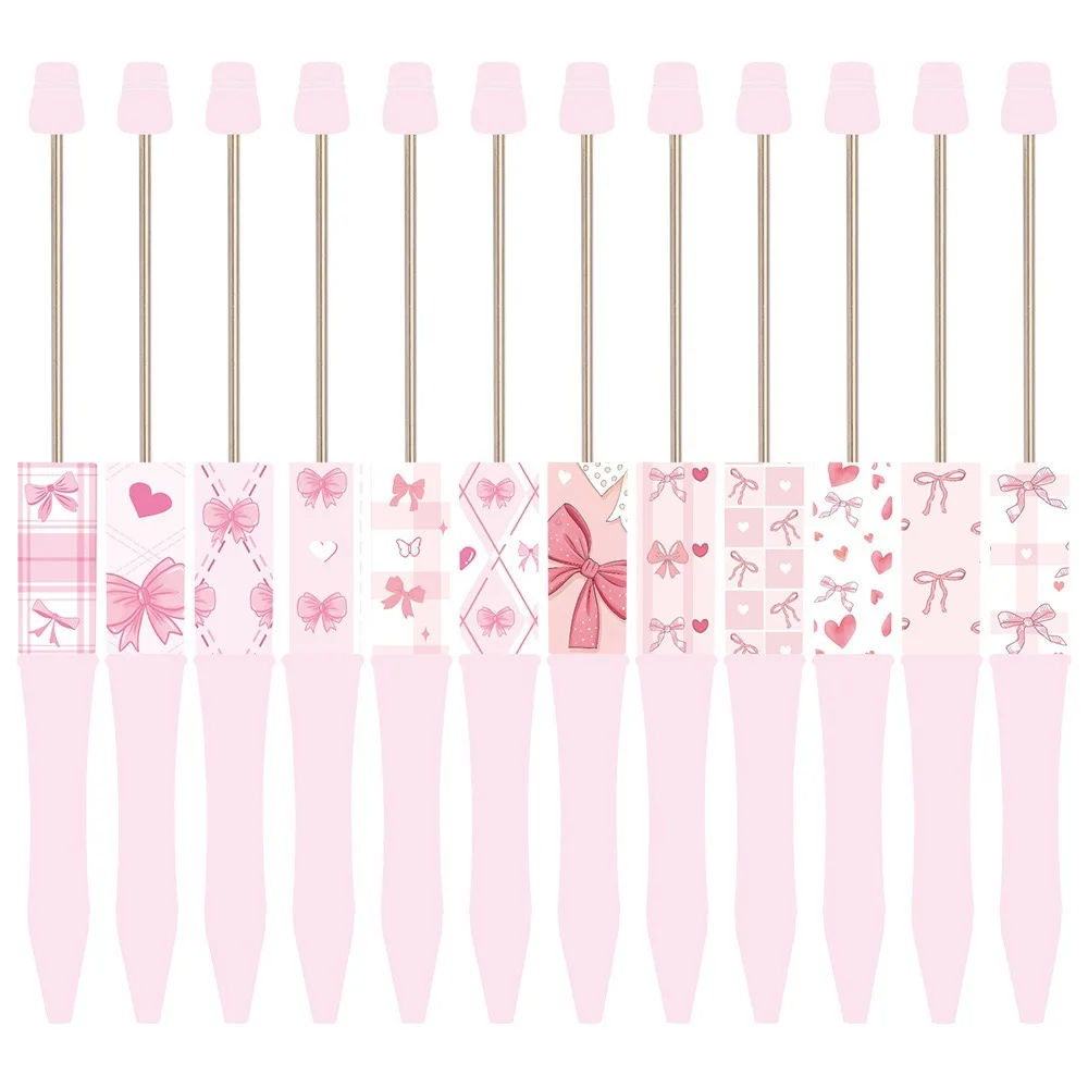 50Pcs Creative DIY Bow Beaded Pen Custom Pink Writing Ballpoint Pen Printed Beadable Holiday Gift Pen School Office Stationery
