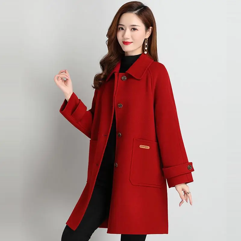 Red Double-Sided Coat Women\'s 2024 Autumn And Winter New Mid To Long Woolen Woolen Coat