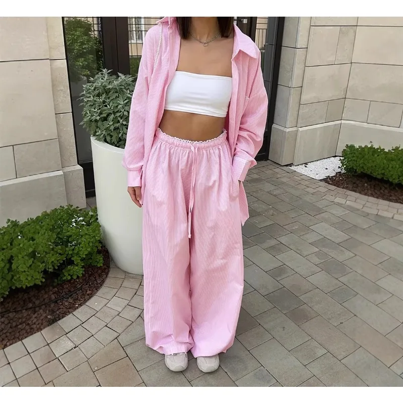 

Casual Cozy Lapel Pink Shirt Pants Suits Women Spring 2026 Fashion Single Breasted Blouses Elastic Waist Pant Sets Loose Outfits