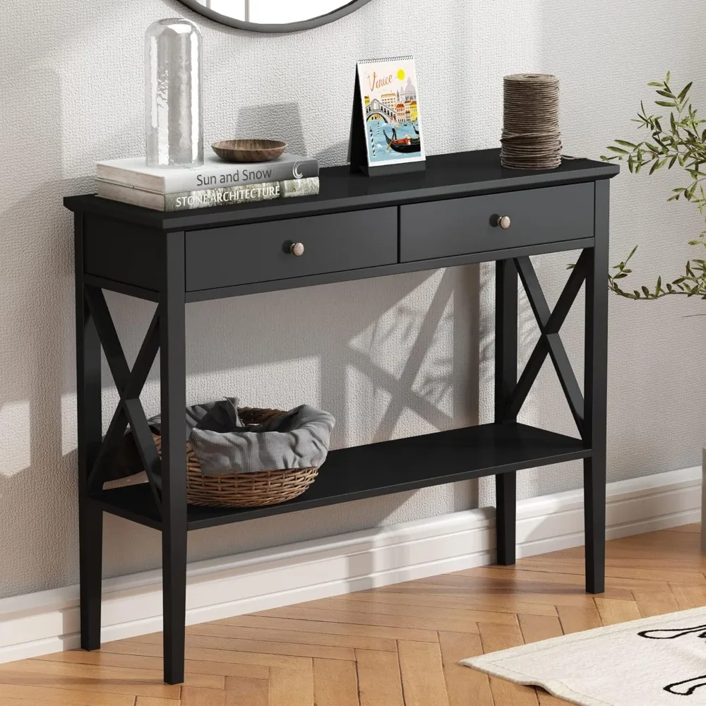 Farmhouse console table with drawers, sofa table, entrance table with storage shelves, antique white and brown