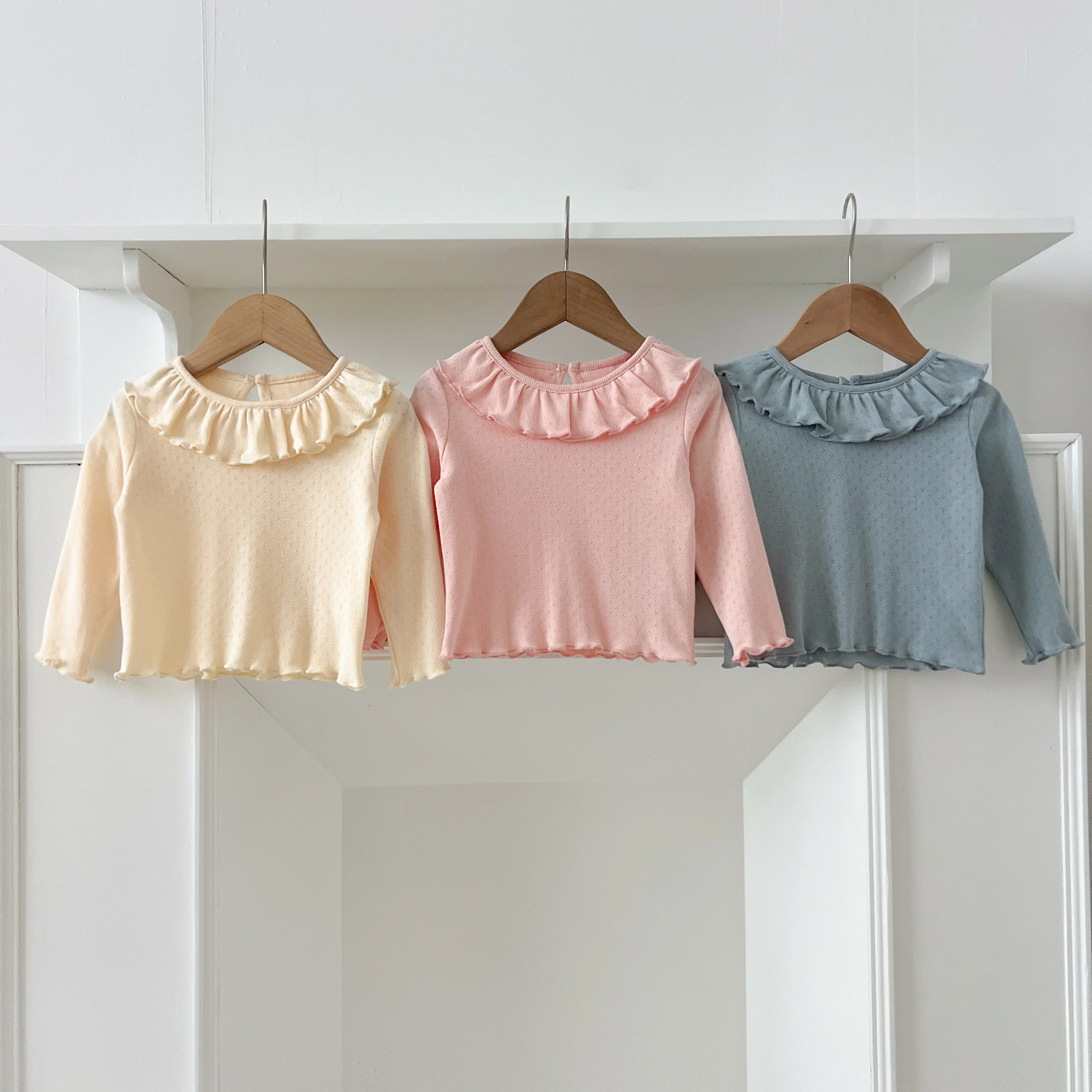 1-6Yrs Baby Kleidung Frühling Infant Mädchen Langarm T-shirts Spitze Lotus Kragen Prinzessin Kinder Bodenbildung Shirt Kleinkind Baumwolle Tops – Detail 27