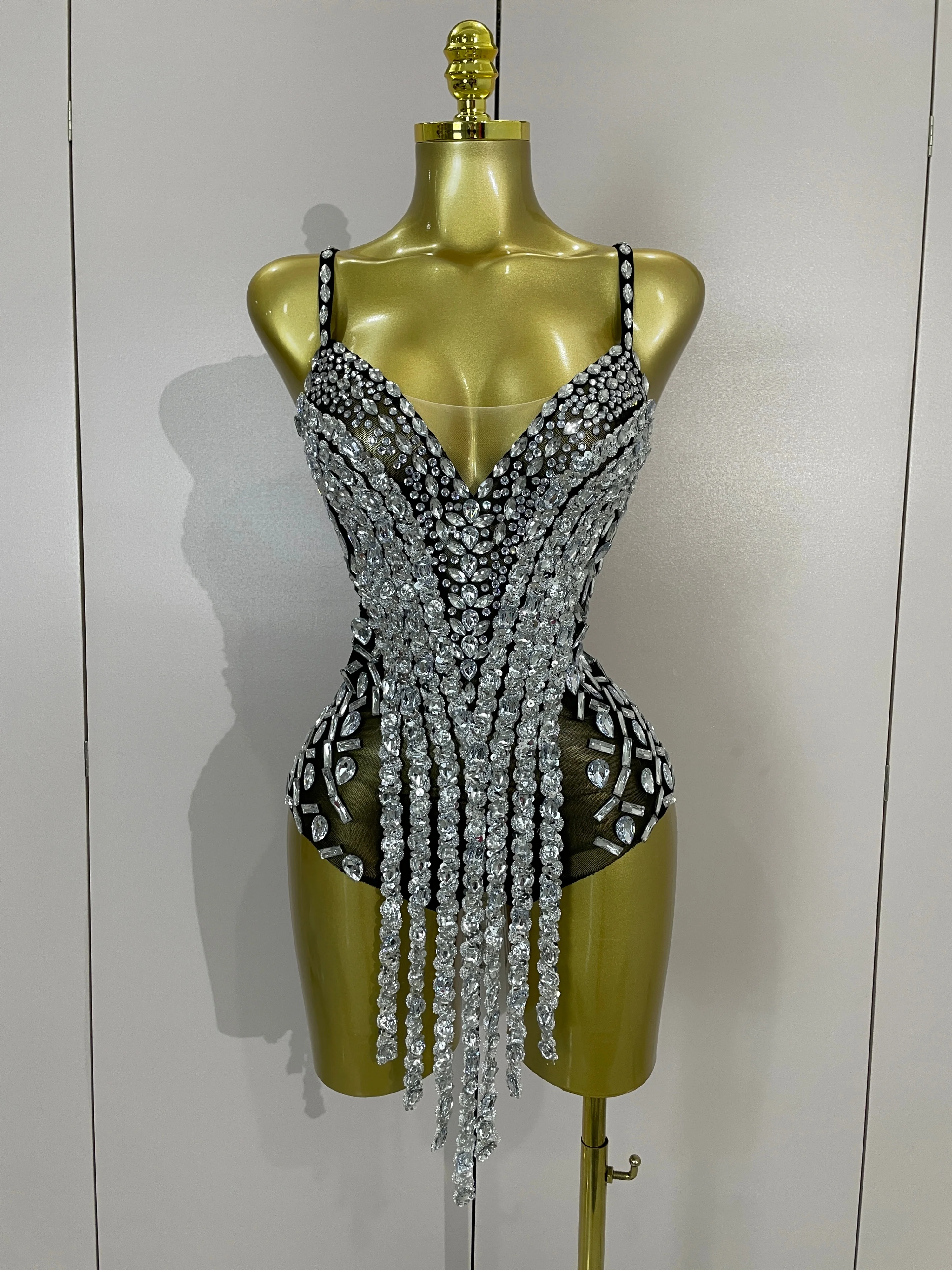 

Sexy Stage Costume Sparkly Rhinestone Long Tassels Mesh Stretch Bodysuits Women Eveing Party Birthday Nightclub Performance Wear