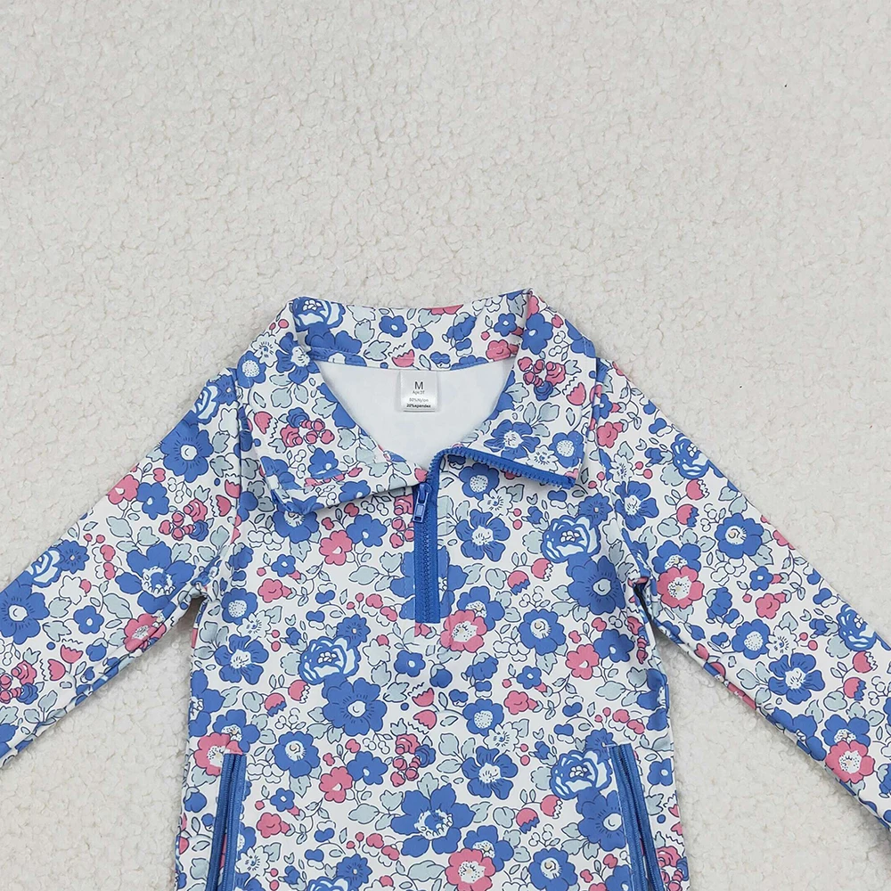 بلوفر بأكمام طويلة مزين بالزهور باللون الأزرق والوردي للفتيات الصغيرات مع جيوب بسحاب ملابس لليوجا النشطة للأطفال