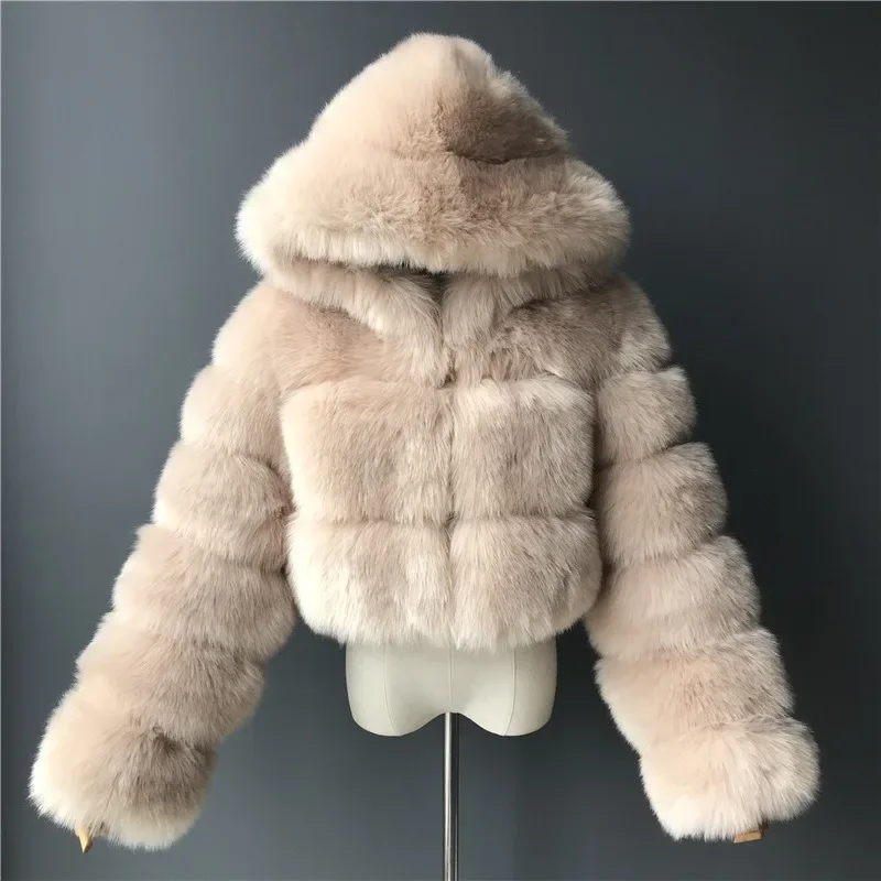 Women Faux Fur Short Coats Hooded Warm Jackets Imitation Fox Fur Long Sleeves Spliced Women Clothing Casual Commute Winter New
