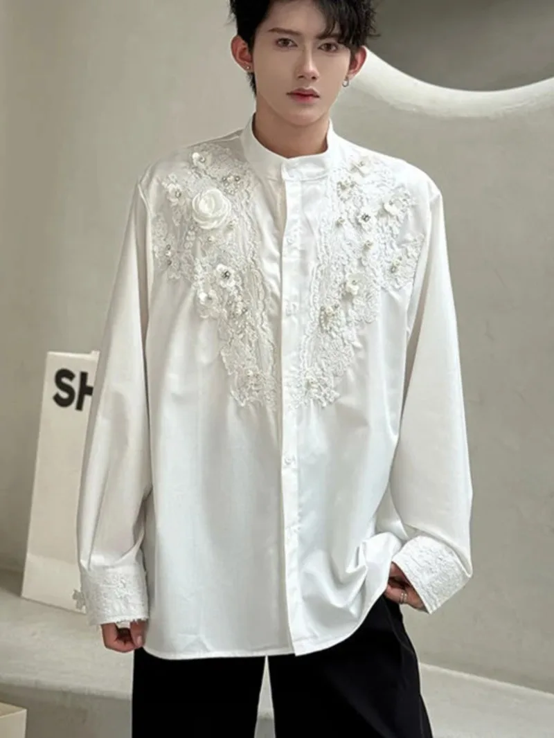 New Fashion Men's Shirts Stand Collar Three-dimensional Lace Flowers Long Sleeved Pearl Decoration Loose Male Tops 9WOZ8J