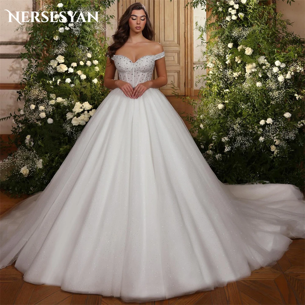 

Nersesyan Vintage Glitter Wedding Dresses Sparkly Sequins Pearls Off Shoulder A-Line Bridal Gowns Princess Backless Bride Dress