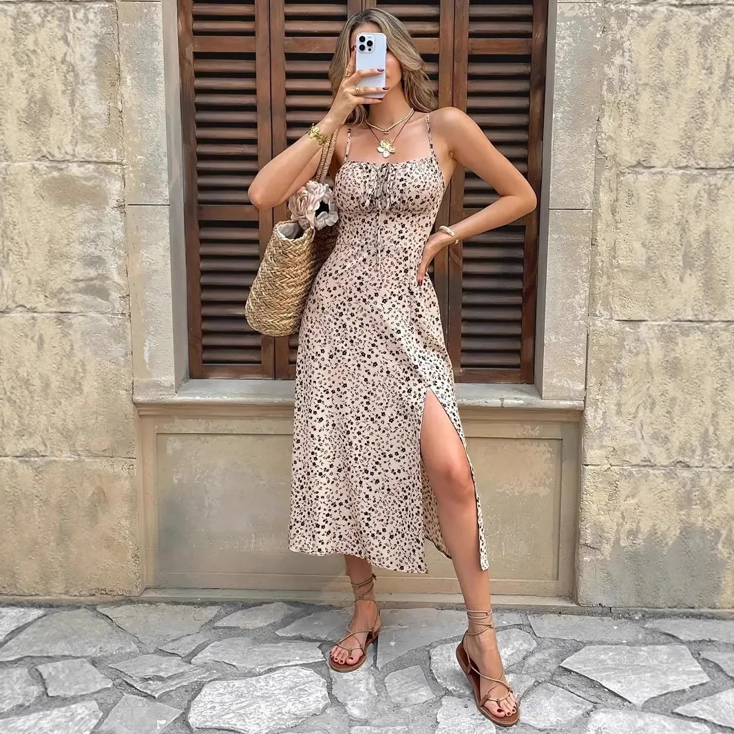 Elegant Women's Spaghetti Strap Floral Print A Line Sleeveless Maxi Dress with Side Slit Drawstring Bust Tie Wrap Style Satin