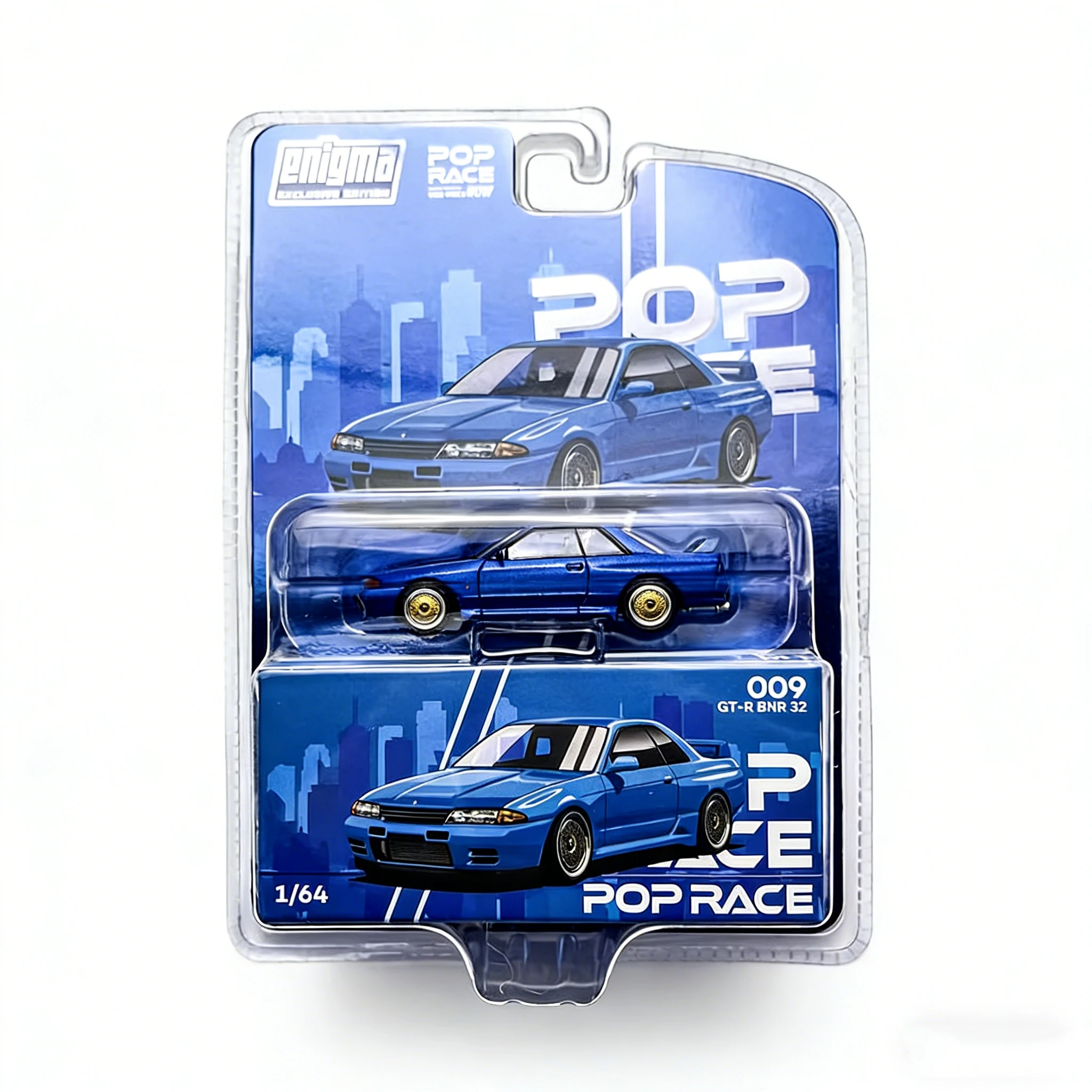 

In Stock POP RACE x enigma 1:64 Nissan Skyline GT-R (BNR32) Blue with Gold Wheels Diecast Model Car (PR64-009)