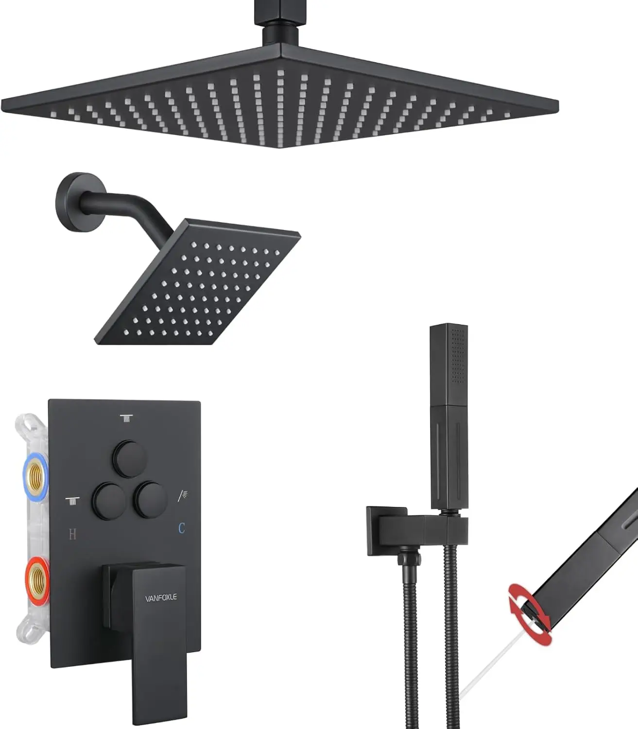 

Matte Black Shower Faucet Set, Push Button Diverter, 10" Rain Head, 6" Side Spray, 2-in-1 Handheld