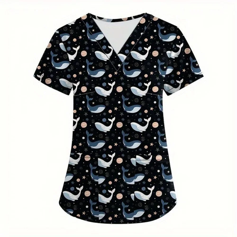 

Униформа медсестры, женские топы с v-образным вырезом, футболка с принтом кота и собаки, униформа с короткими рукавами и карманами, медицинская женская униформа медсестры