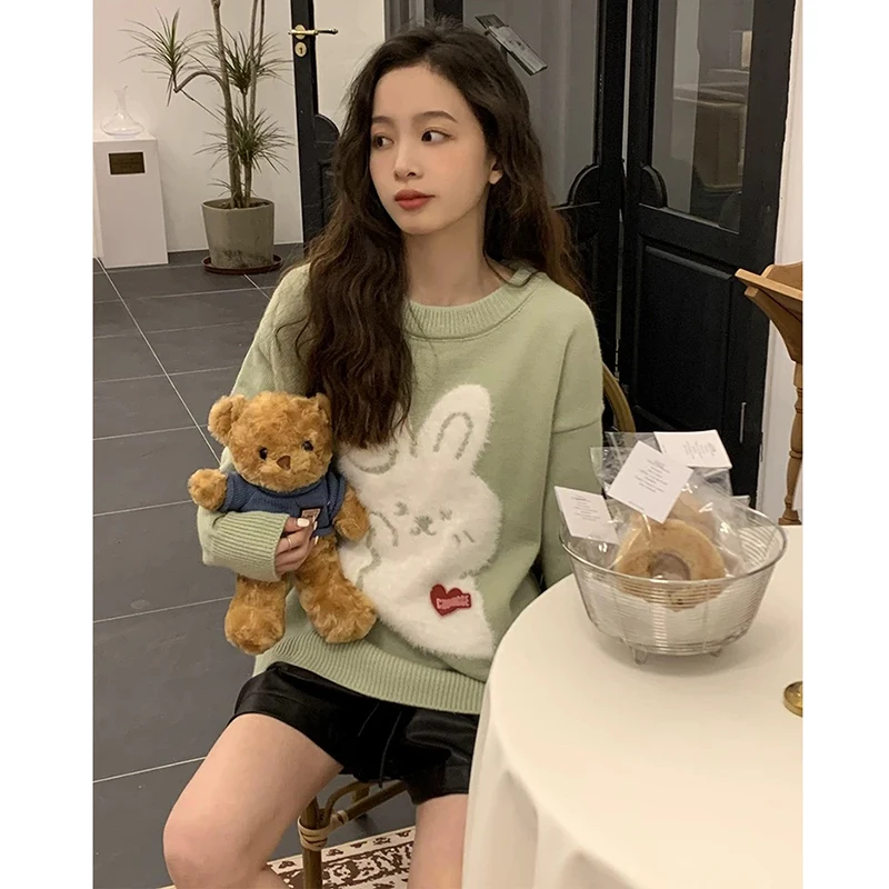 2023 Women Cute Rabbit Fleece Sweater Y2K Harajuku Retro Hip Hop Knitted Sweater Vintage Pullover Casual Wool Sweater Hipster