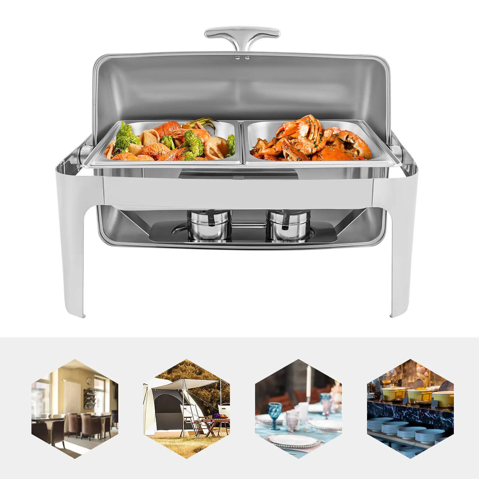 9L Stainless Steel Rectangular Roll Top Chafing Dish, Buffet Food Warmer Set with 2 Alcohol Stoves for Catering & Party