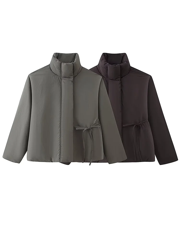 

HH Woman Loose Long Sleeves Single-breasted Pockets Solid Coats Winter Woman Zipper Stand Collar Lace-up Warm Cotton-padded