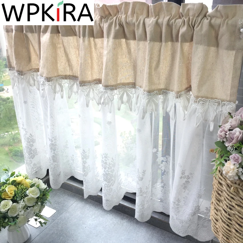 Lovely Short Curtain For Girls Bedroom Balcony Japanese Style Linen Splice Lace Tulle Half-curtain Kitchen Doorway Coffee Drapes