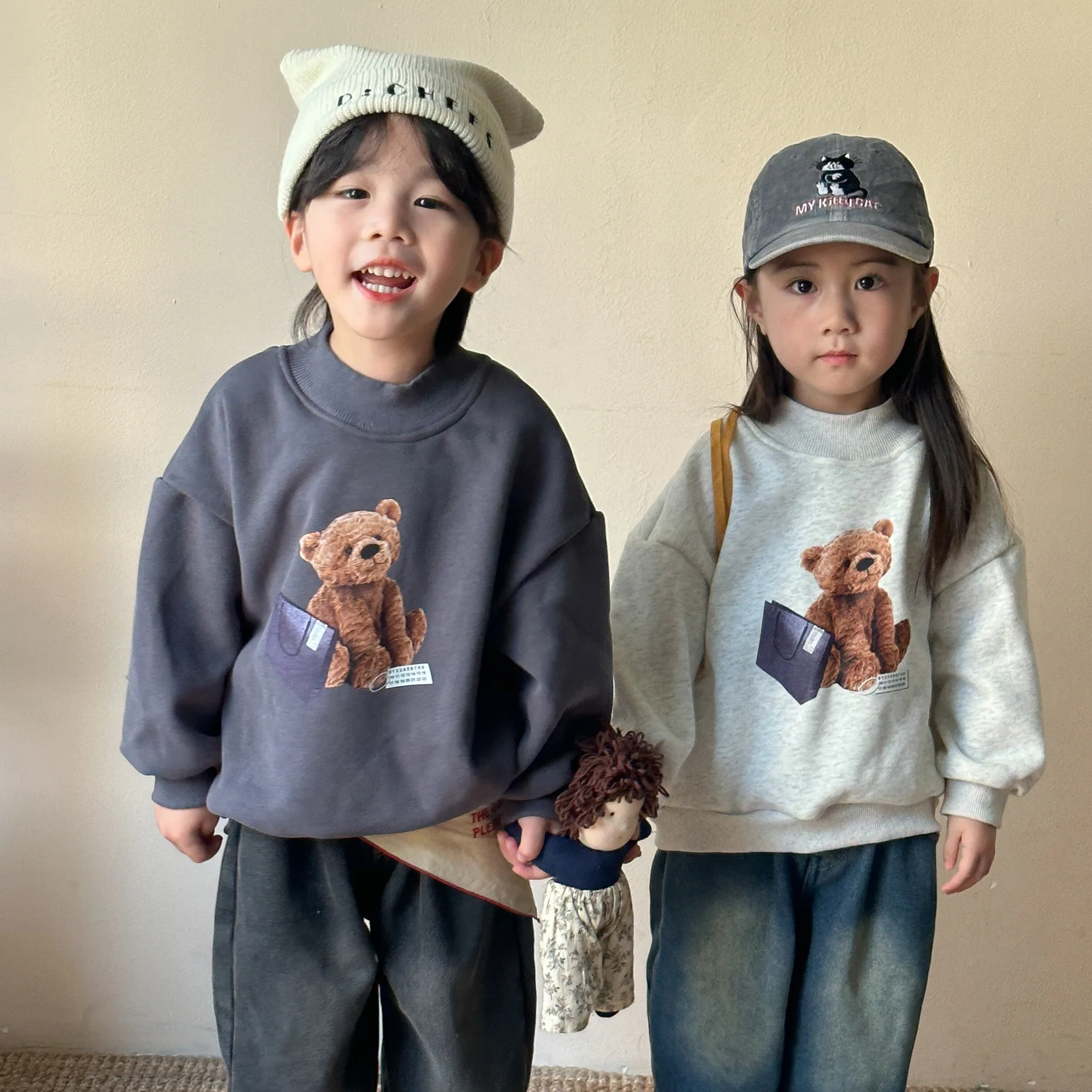 Autumn Winter Korean Kid Boys Sweatshirts Cotton Plus Velvet Cartoon Bear Printed Loose Toddler Boys Hoodies Children Boys Tops