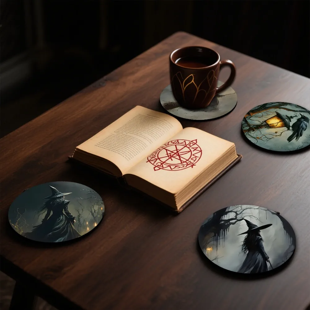 

6pcs/set Durable Wooden Halloween Witch Coaster Set Round Dark Style Cup Holder Thickened Heat Resistant Coffee Mug Pad Office
