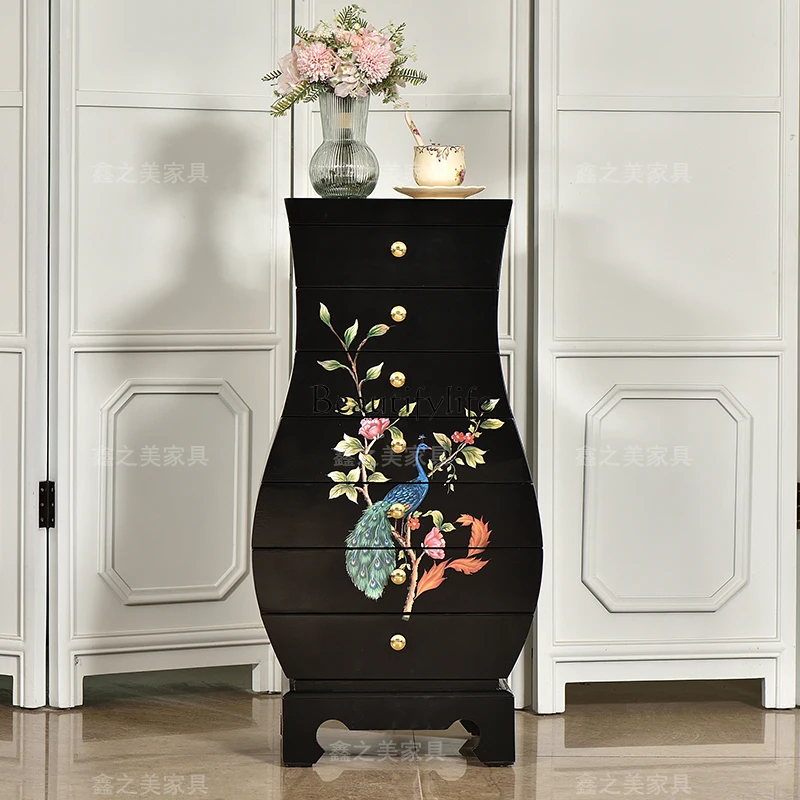 3American country solid wood seven-chest cabinet storage vase cabinet drawer storage home decorative cabinet retro black