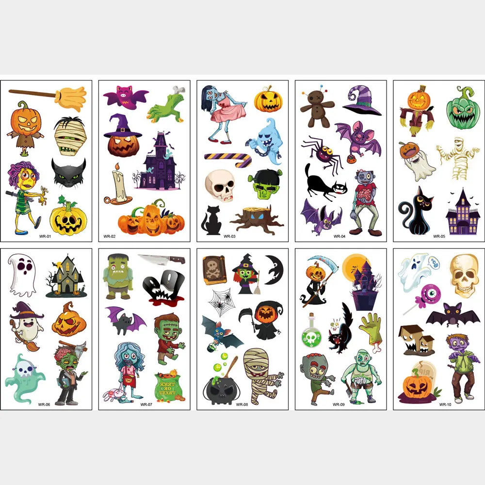 10pcs Pumpkin Halloween Tattoo Stickers for Women Men Bat Ghost Cartoon Temporary Tattoos for Children Fake Tattoo for Hand Body