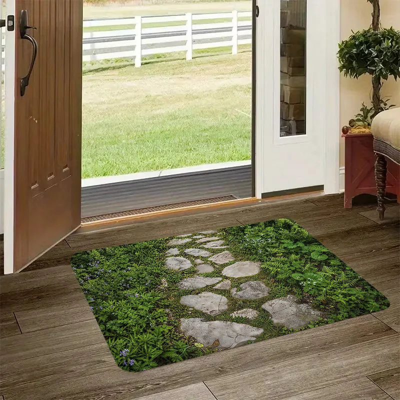 Forest Stone Path Flat 2D Pattern Area Rug Bath Mat Non-Slip Doormat Floor Mat Water Absorbent Home Decor
