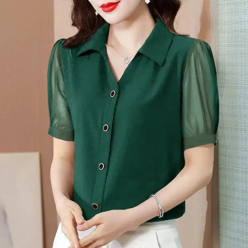 Office Lady Fashion Solid Color Chiffon Blouse Summer Short Sleeve Spliced Single-breasted Female Casual Turn-down Collar Shirt