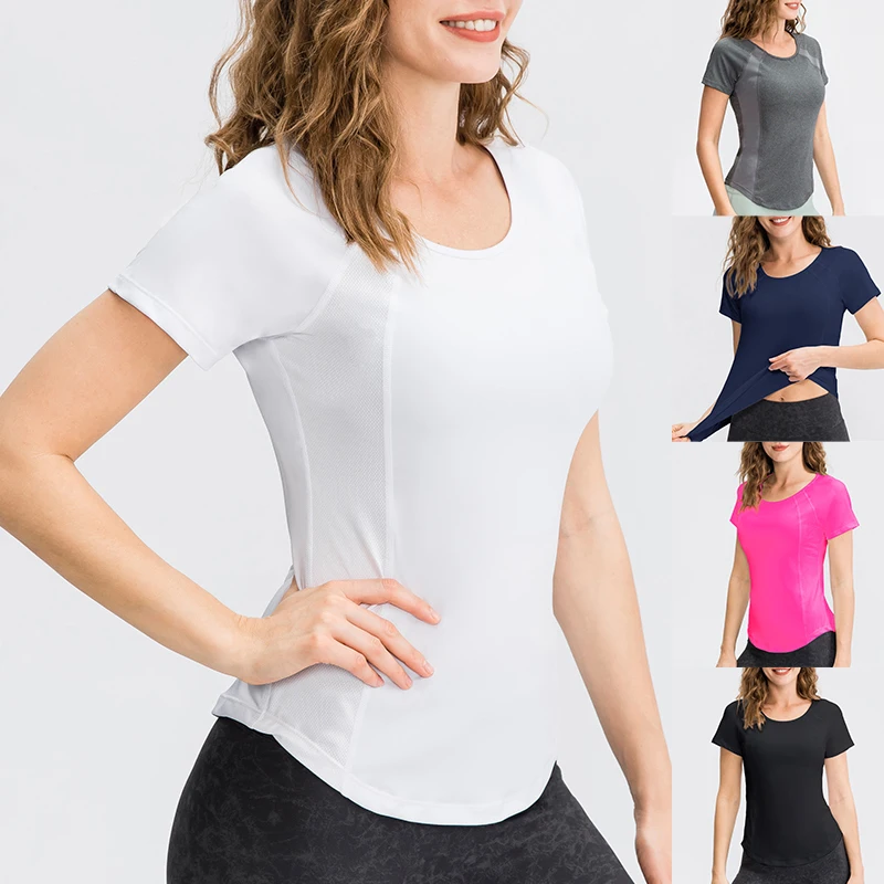 

Women's tight yoga short sleeve round neck sports T-shirt with mesh breathable high elastic quick drying running fitness clothes