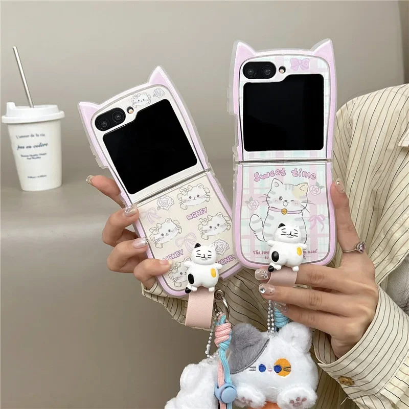 Plüsch Katze Anhänger Lanyard Handy hülle für Samsung Galaxy Z Flip 6 5 4 3 Schutzhülle für ZFlip4 ZFlip5 ZFlip6 Hülle