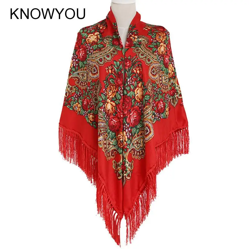 

160*160Cm Plus Size Square Shawl and Wraps Retro Fringed Print Floral Scarves Headscarf Russian Ethnic Style Pashmina Bufanda