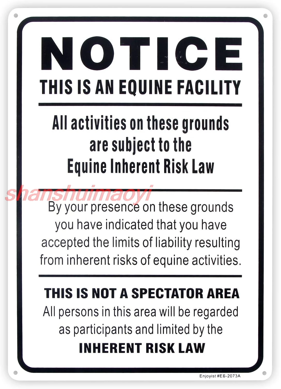 Enjoyist Equine Liability Sign, Statute Horse Barn Stable Farm Sign,- 10