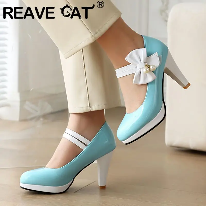 REAVE CAT Sweet Women\'s Pumps Round Toe High Heels Bowknot Strap Mixed Color Size 48 Fashion Party Janes Shoes Spring