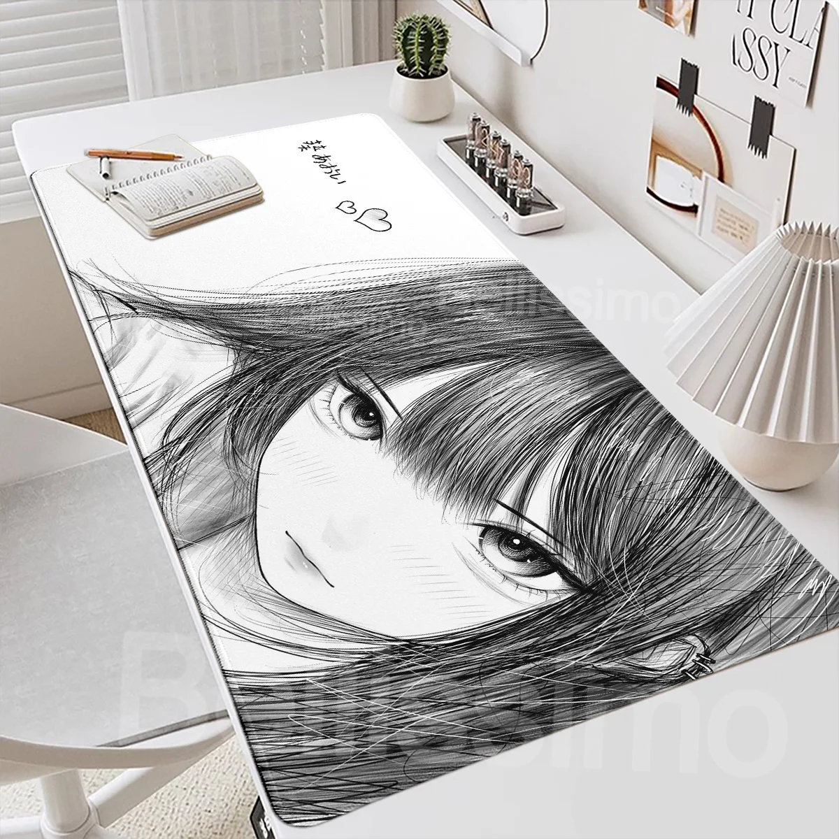 

Line Drawing Black and White Anime Girl Table Mat Large Mouse Pad Office Keyboard Edge Locking Desk Mat Gaming Non-slip Mousepad