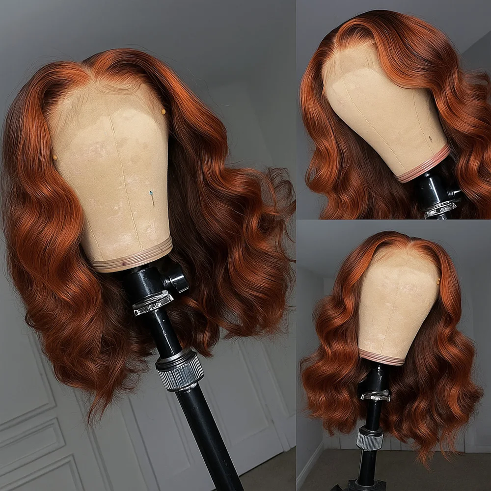 P4/350 تسليط الضوء على قصيرة بوب الباروكات البرازيلي 13x4 HD الدانتيل شعر مستعار أمامي الجسم موجة الشعر البشري 5x5 الدانتيل غلويليس إغلاق شعر مستعار أومبير الزنجبيل #3