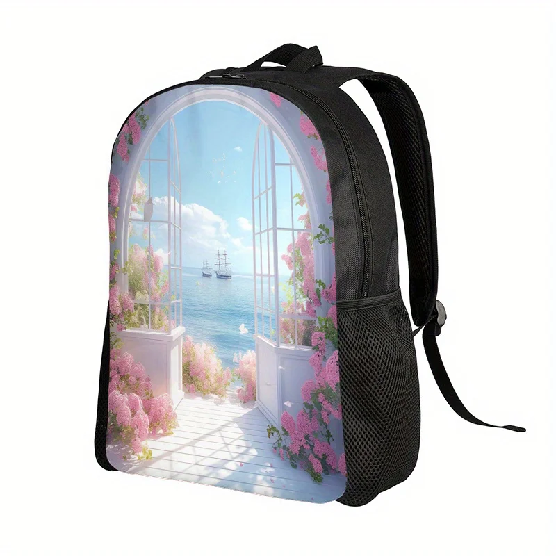 

Floral Window Frame Backpack - Lightweight School Bag with Adjustable Shoulder Strap and Zipper Closure, Pink Blue Floral