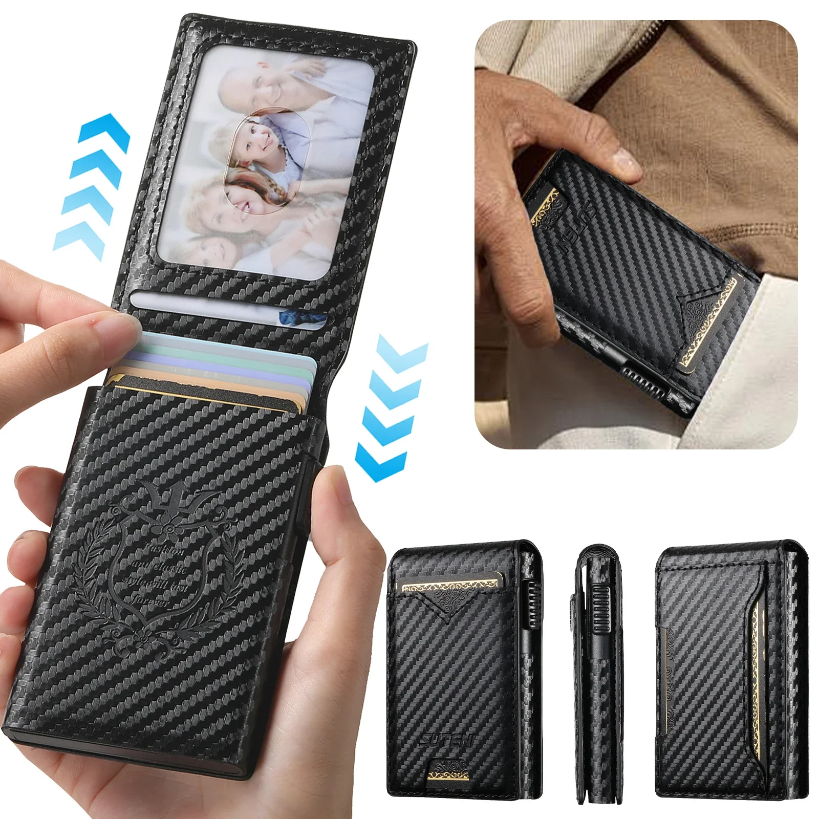 Cartera de lujo de piel sintética Sle Bla para hombre, billetera de fibra de carbono para Iphone 17, tarjetero que presiona el botón, ejeje automáticamente