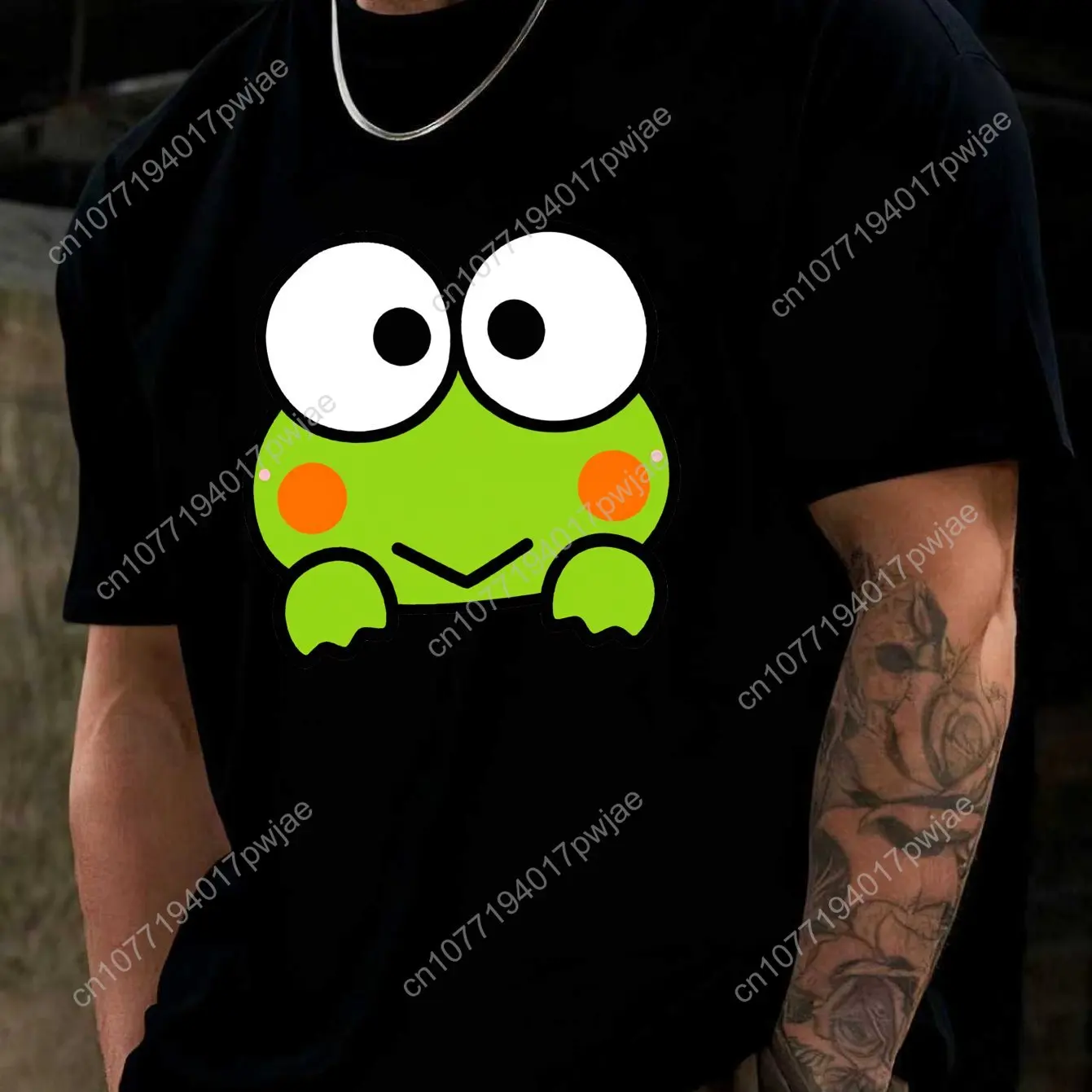 

Sanrio Has Keroppi Cute Face Funny Printed Men's Black and White Short Sleeved T-shirt Loose Top Cosplay T-Shirt