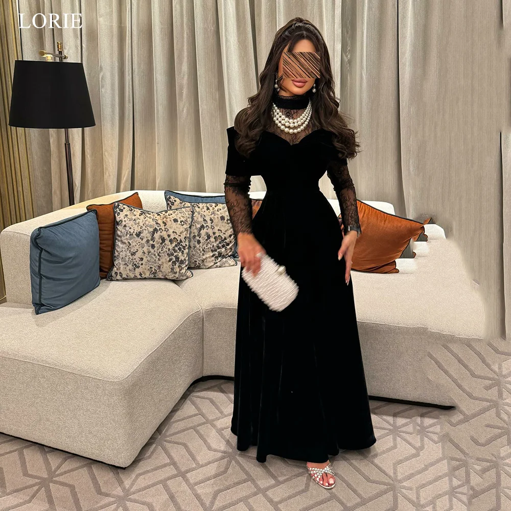 LORIE فساتين حفلات سوداء أنيقة مخملية مكشوفة الكتف من الدانتيل وأكمام طويلة فستان حفلة موسيقية مسائية على شكل حرف A فستان حفلات مخصص