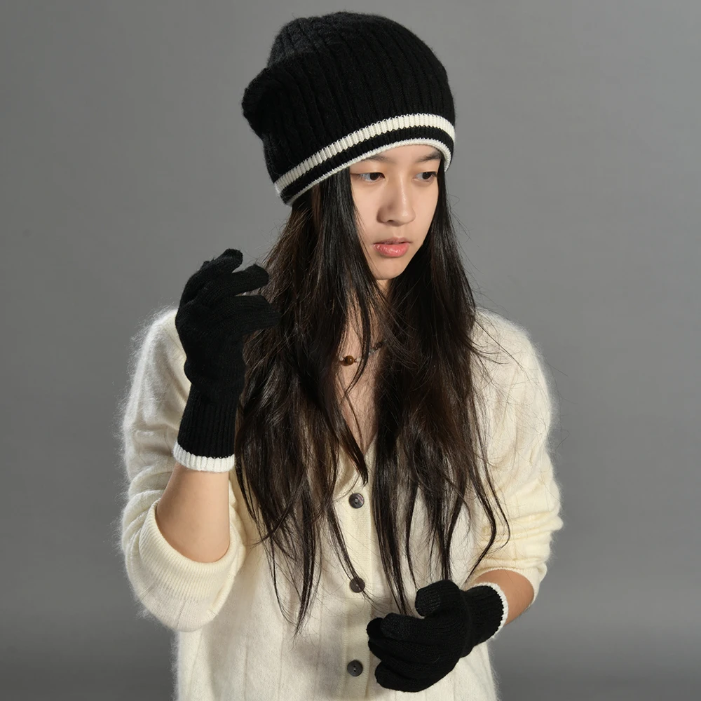 Jaxmonoy Cashmere Wool Blend Knitted Hat and Gloves Two Pieces Set Fall Winter Fashion Thick Warm Set New Style Beanie and Glove