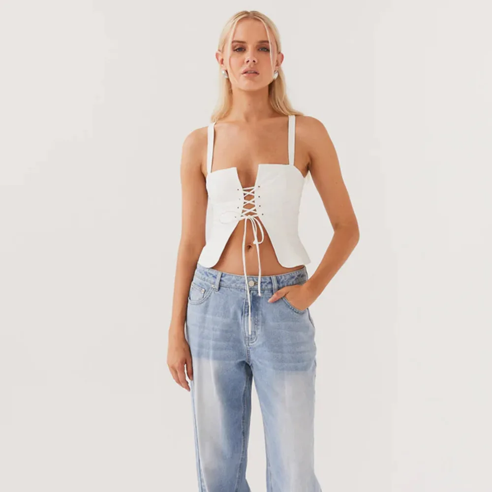 Lace-up Crop Tops Woman Solid Color Sling Corset Shapewear Sexy Sleeveless Slim Tank Top Summer Casual Camisole High Street Vest